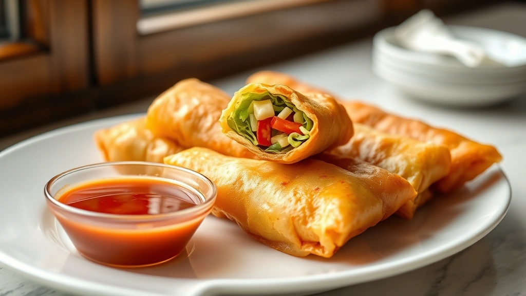 hero: golden crispy vegetable egg rolls on white plate with sweet and sour sauce, photorealistic, natural window light, shallow depth of field, no text