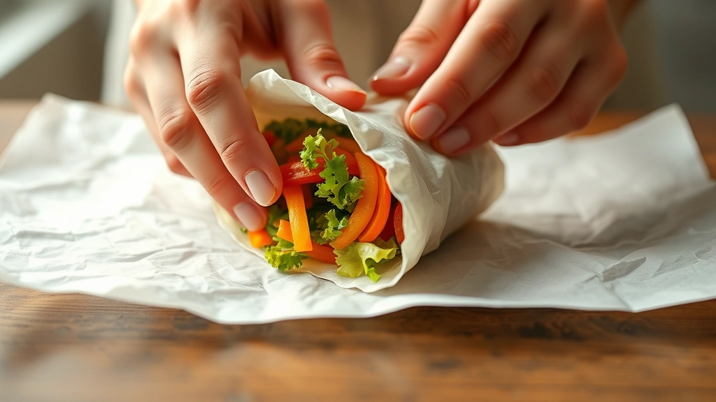 process: hands folding egg roll wrapper with vegetable filling visible, photorealistic, bright natural light, close perspective, no text