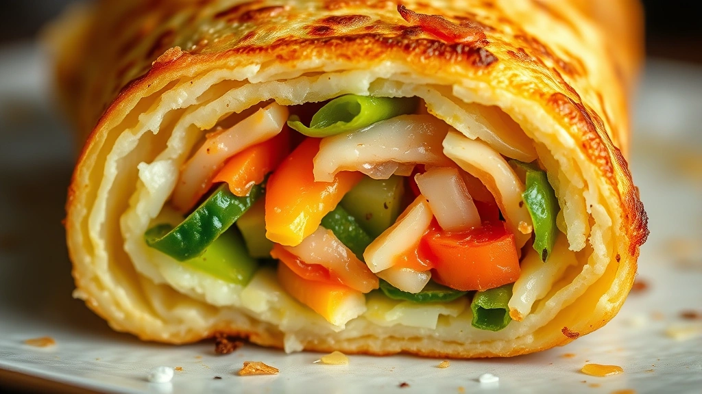 detail: cross-section of freshly fried egg roll showing crispy exterior and tender vegetable filling, photorealistic, macro photography, natural light, no text