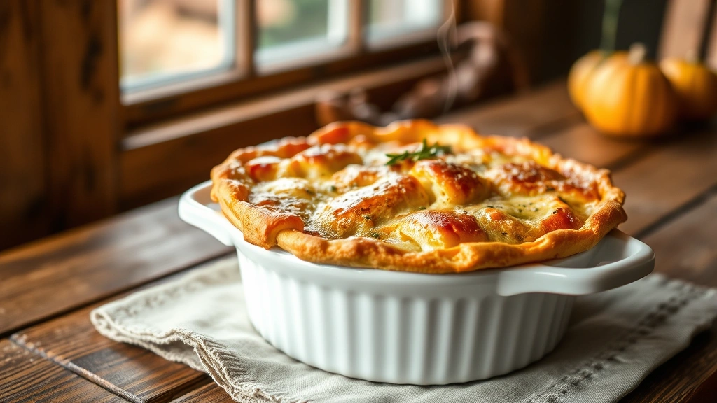 hero: golden-brown vegetable pot pie with flaky crust in white ceramic dish, steam rising, rustic wooden table, natural window light, warm autumn tones, no text or branding