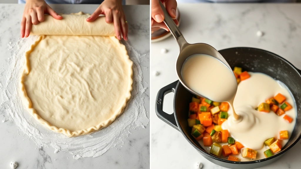process: hands rolling out pie dough on floured surface, vegetables being sautéed in cast iron pot, cream sauce being poured, photorealistic, natural kitchen lighting, no text
