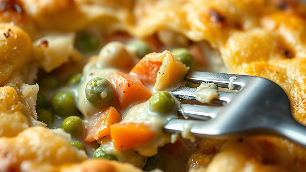 detail: close-up of fork breaking through golden crust, creamy vegetable filling visible inside with carrots and peas, steam rising, shallow depth of field, warm lighting, no text