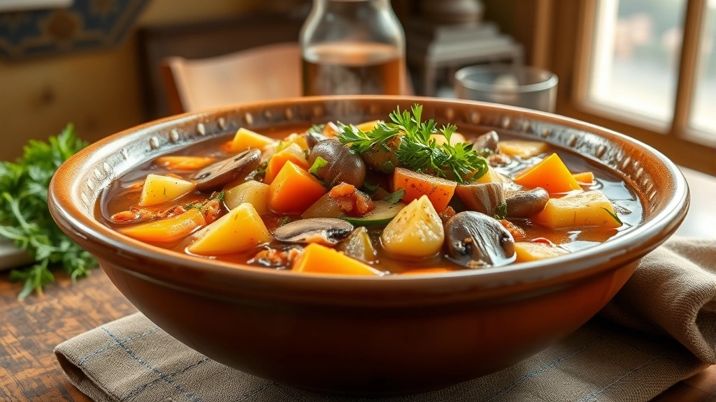 hero: Large ceramic bowl of hearty vegetable stew with visible chunks of colorful vegetables, carrots, potatoes, zucchini, mushrooms in rich brown broth, garnished with fresh green herbs, steam rising, rustic farmhouse table, natural window light, warm and inviting
