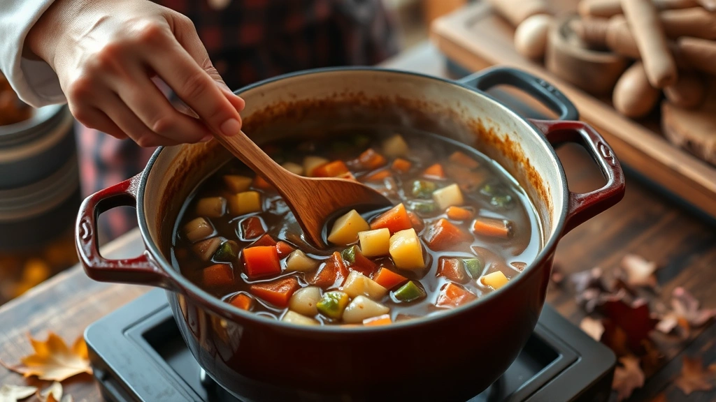 process: Chef's hands holding wooden spoon stirring vegetable stew in large Dutch oven pot, vegetables partially submerged in broth, autumn kitchen setting, warm natural lighting, action shot showing the cooking process