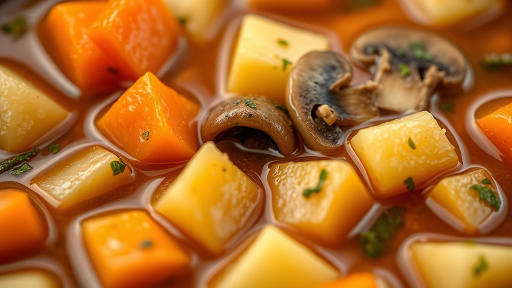 detail: Close-up macro shot of individual vegetable pieces in the stew - diced carrots, tender potato cubes, mushroom slices, and herbs visible in glossy brown broth, shallow depth of field, warm golden lighting