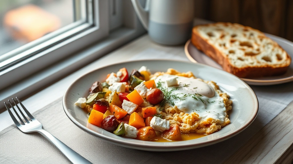 hero: beautiful plated vegetarian breakfast with scrambled eggs, roasted vegetables, feta cheese, and toasted bread on ceramic plate, natural morning light from window, warm tones, no text, styled flat lay