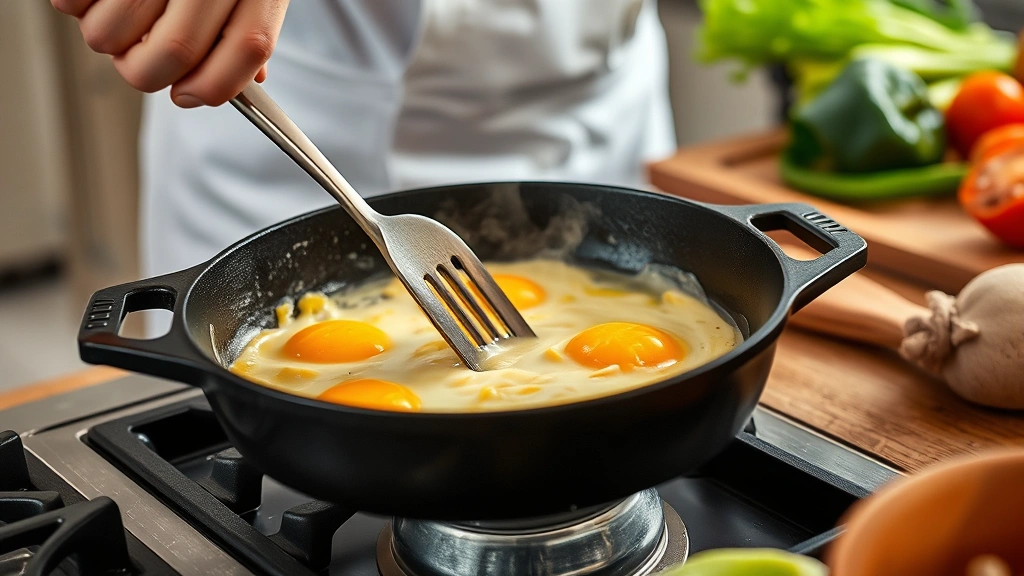 process: chef stirring scrambled eggs in cast iron skillet with melting butter, visible steam, fresh vegetables in background, natural kitchen lighting, action shot, no text