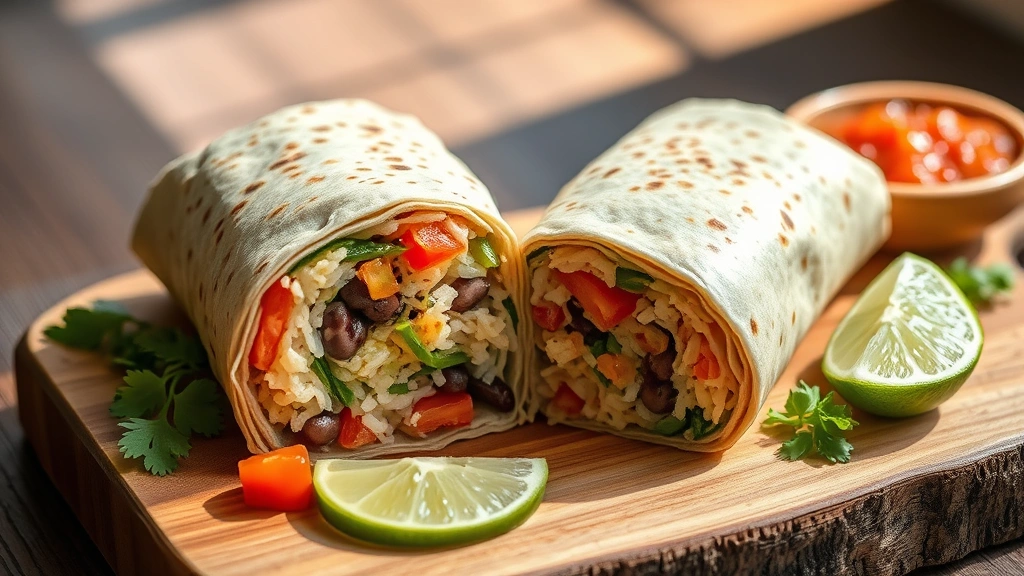 hero: perfectly wrapped vegetarian burrito cut in half showing layers of rice beans peppers and vegetables, served on a rustic wooden board with lime wedges and salsa, photorealistic, natural sunlight streaming across, no text
