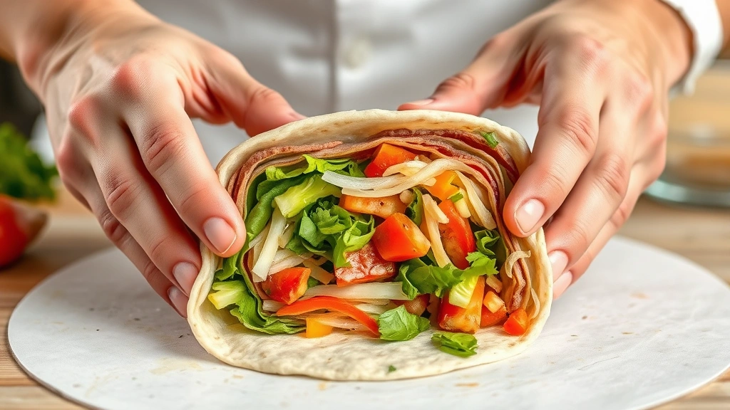 process: hands rolling burrito with all ingredients visible inside, showing the folding technique, photorealistic, natural kitchen lighting, no text