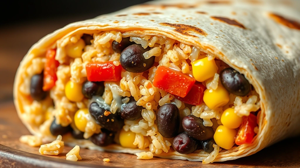 detail: close-up of burrito cross-section showing distinct layers of seasoned rice black beans roasted peppers corn and cheese, photorealistic, shallow depth of field, no text