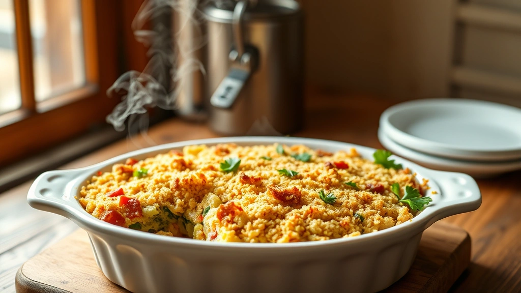 hero: vegetarian casserole with golden breadcrumb topping in white baking dish, steam rising, fresh parsley garnish, warm natural window lighting, wooden table background, photorealistic, appetizing, no text