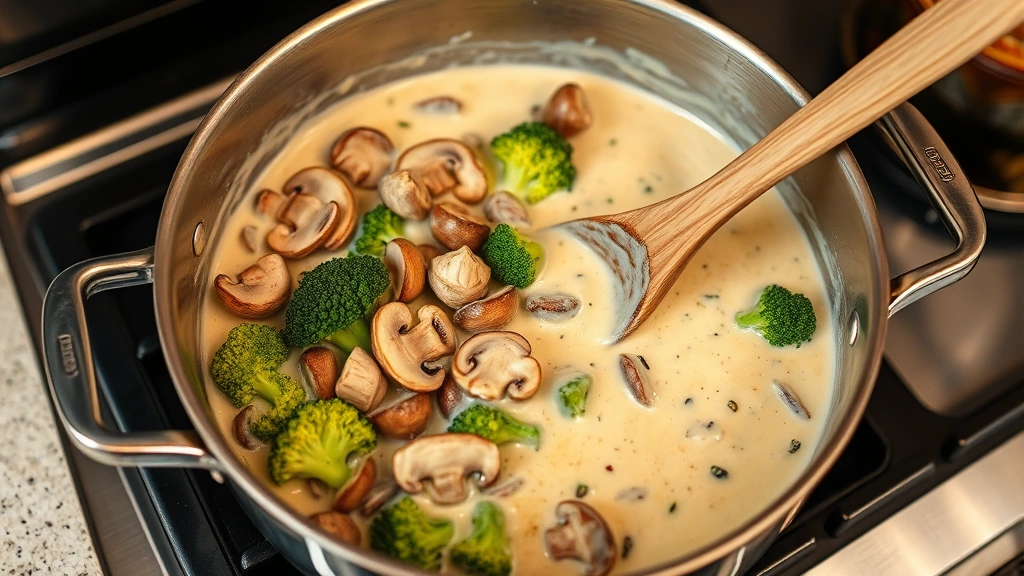 process: cooking vegetables in large pot with creamy sauce, mushrooms and broccoli visible, wooden spoon stirring, stovetop setting, warm kitchen lighting, photorealistic, no text