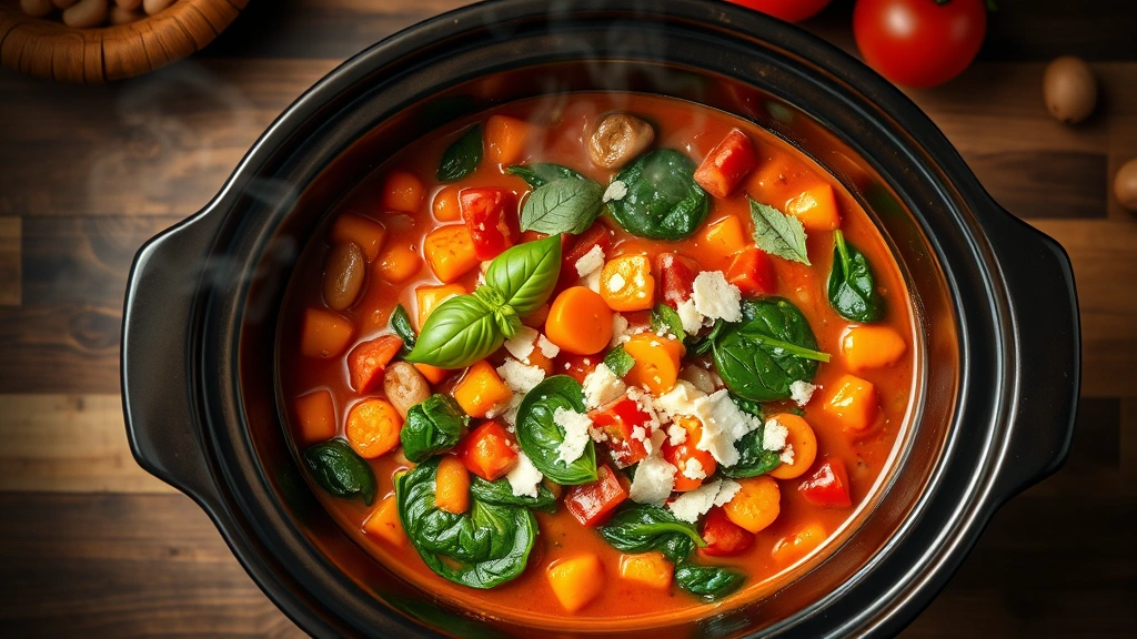 hero: overhead shot of vibrant vegetarian crock pot stew in ceramic slow cooker, steam rising, colorful vegetables visible - carrots, beans, tomatoes, spinach, garnished with fresh basil and parmesan, warm kitchen lighting, rustic wooden table background, no text or logos