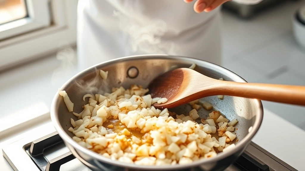 process: chef sautéing diced onions and garlic in stainless steel skillet over stovetop, golden-brown aromatics, steam rising, natural window light illuminating the pan, wooden spoon stirring, bright kitchen setting, no text