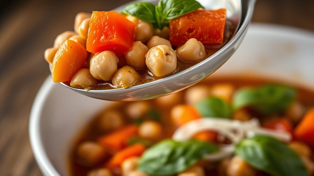 detail: close-up macro shot of finished vegetarian stew ladled into white ceramic bowl, showing individual chickpeas, white beans, diced tomatoes, carrots, and fresh basil garnish, shallow depth of field, warm natural light, textured rustic background, no text
