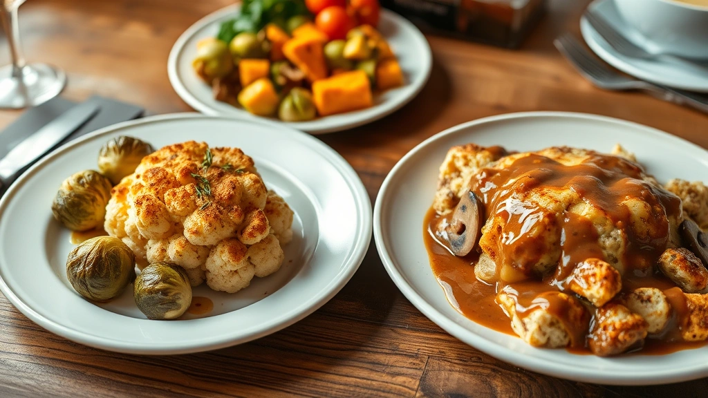 hero: complete vegetarian Thanksgiving feast plated on white dishes, golden roasted cauliflower steak, crispy Brussels sprouts, creamy butternut squash gratin, rich mushroom gravy drizzled over, fresh thyme garnish, warm autumn lighting, wooden table, photorealistic, no text, styled elegantly