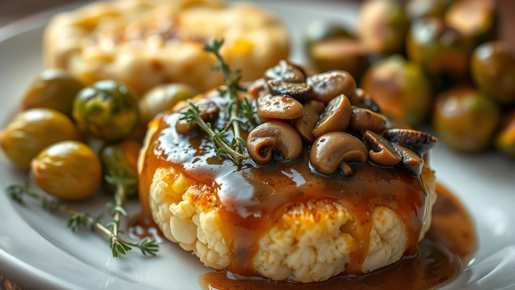 detail: close-up of plated cauliflower steak topped with glossy mushroom gravy, fresh thyme sprigs, caramelized Brussels sprouts clustered nearby, creamy gratin visible in background, shallow depth of field, warm golden lighting, photorealistic, no text