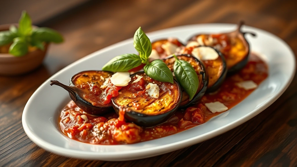 hero: beautifully plated veggie aubergine with golden eggplant slices in rich tomato sauce, fresh basil garnish, parmesan cheese, warm golden hour lighting, shallow depth of field, on white ceramic plate, photorealistic, natural light, no text