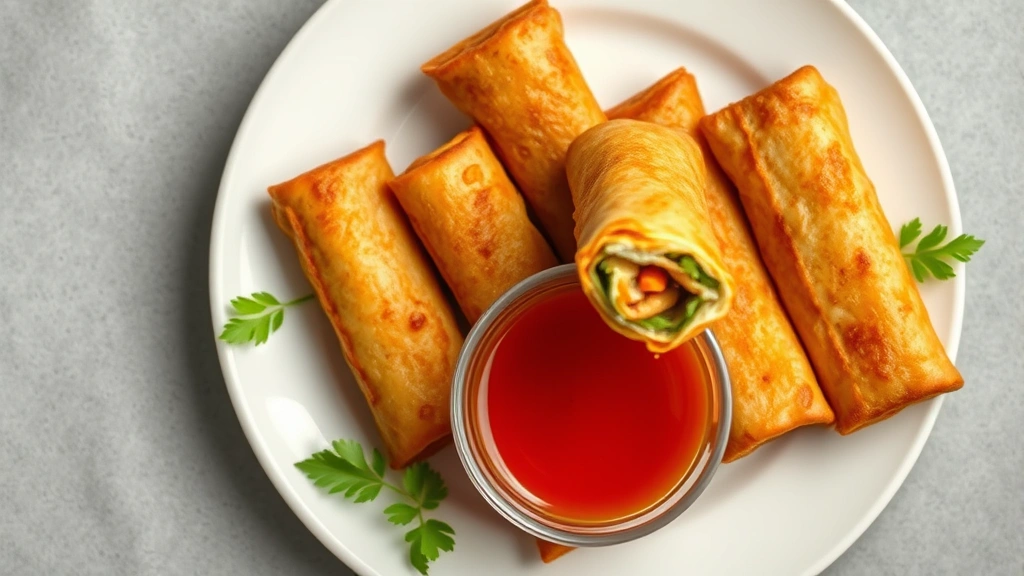 hero: golden crispy veggie egg rolls on white plate with sweet and sour sauce in small bowl, photorealistic, natural soft lighting, overhead shot, no text