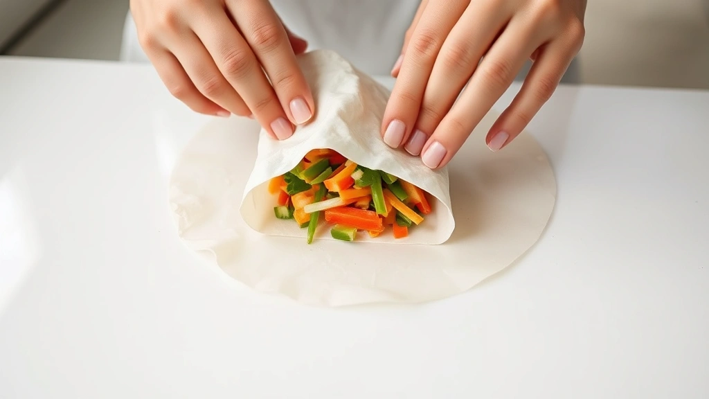 process: hands rolling egg roll wrapper with vegetable filling on white surface, mid-action shot showing folding technique, photorealistic, natural window lighting, no text