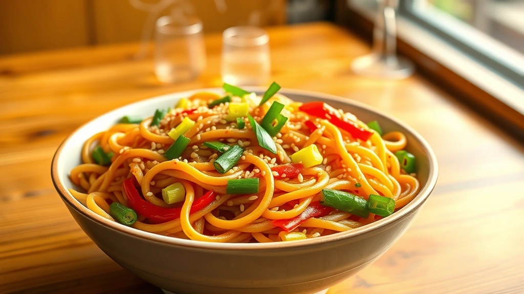 hero: steaming bowl of veggie lo mein with sesame seeds and green onions, noodles glistening with sauce, colorful vegetables visible, wooden table background, photorealistic, warm natural window light, no text
