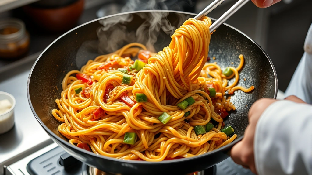 process: wok with noodles and vegetables being tossed mid-stir, sauce coating the noodles, steam rising, chef's hands with chopsticks or tongs, photorealistic, bright kitchen lighting, no text
