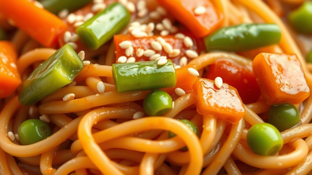 detail: close-up macro shot of lo mein noodles coated in glossy sauce with snap peas and carrots, sesame seeds scattered on top, shallow depth of field, photorealistic, natural diffused light, no text