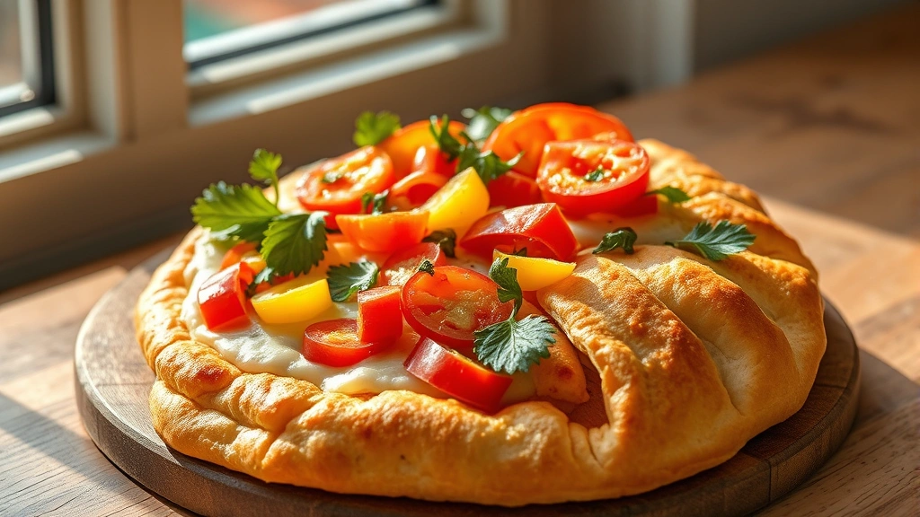 hero: golden crescent roll veggie pizza with colorful fresh vegetables arranged on top, melted cheese, natural daylight streaming from window, no text or watermarks