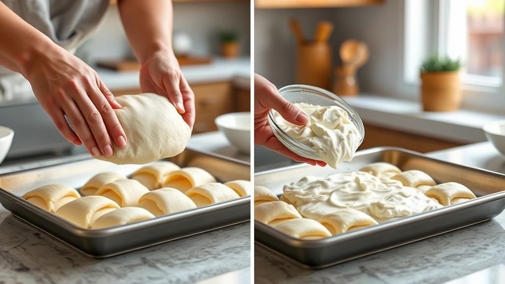 process: hands pressing crescent roll dough into baking sheet, spreading cream cheese mixture, photorealistic kitchen setting, natural window light, no text