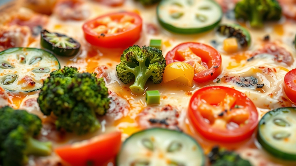 detail: close-up of pizza surface showing fresh broccoli, bell peppers, tomatoes, cucumber, and melted cheese texture, vibrant colors, natural lighting, no text