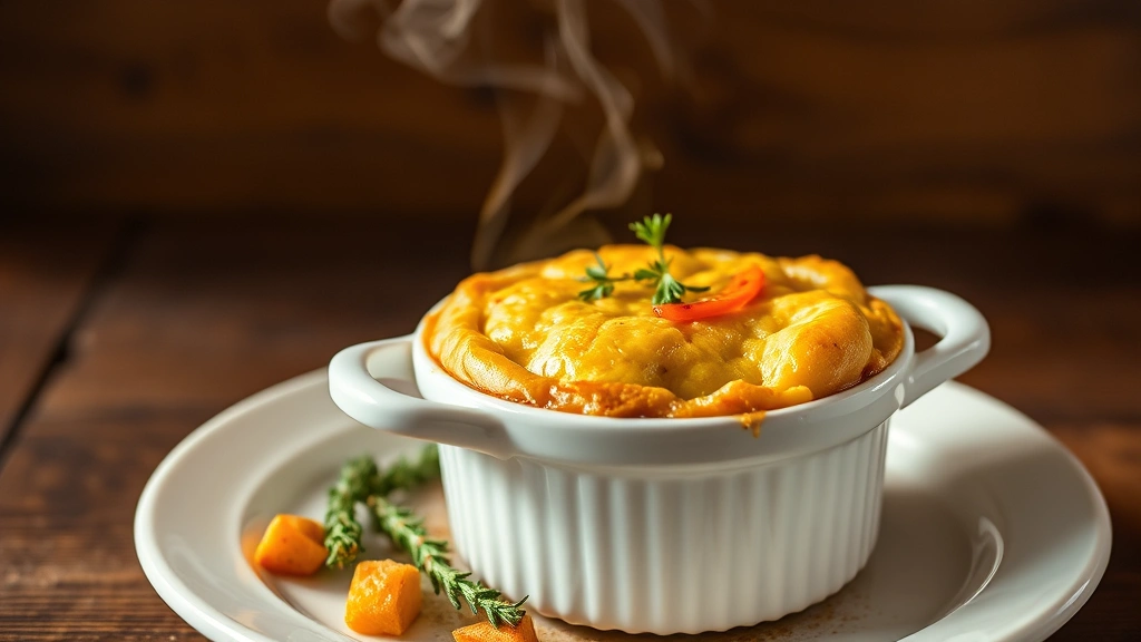 hero: golden-brown baked vegetable pot pie in white ceramic dish, steam rising, fresh thyme garnish, wooden table background, warm natural lighting, rustic plated presentation