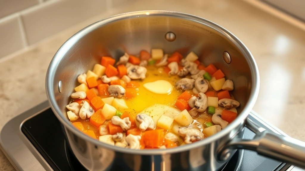 process: sautéing mixed vegetables in butter in stainless steel pot, carrots and mushrooms visible, golden-brown color, kitchen counter with natural window light, mid-cooking action shot