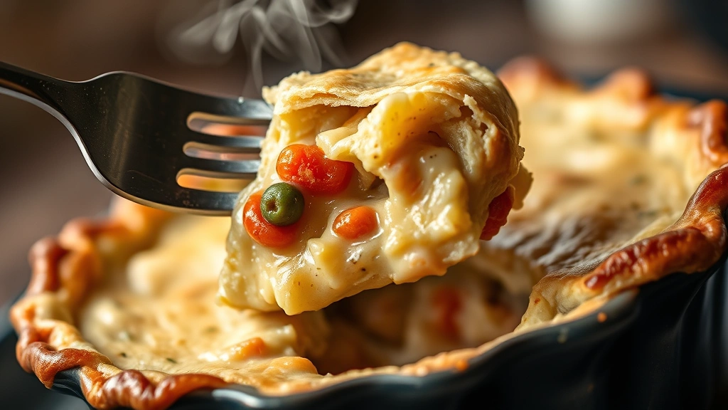 detail: close-up cross-section of pot pie showing creamy filling with visible vegetables and flaky pastry crust, steam visible, fork lifting piece, soft warm lighting, shallow depth of field