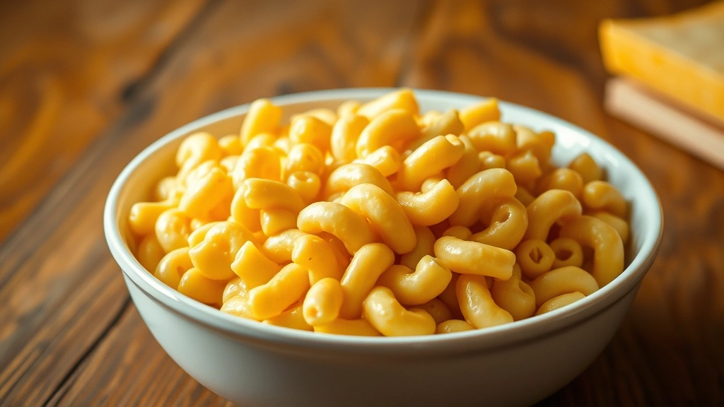 hero: creamy velveeta mac and cheese in a white ceramic bowl, steaming hot, golden sauce coating every noodle, soft golden lighting, rustic wooden table, no text visible