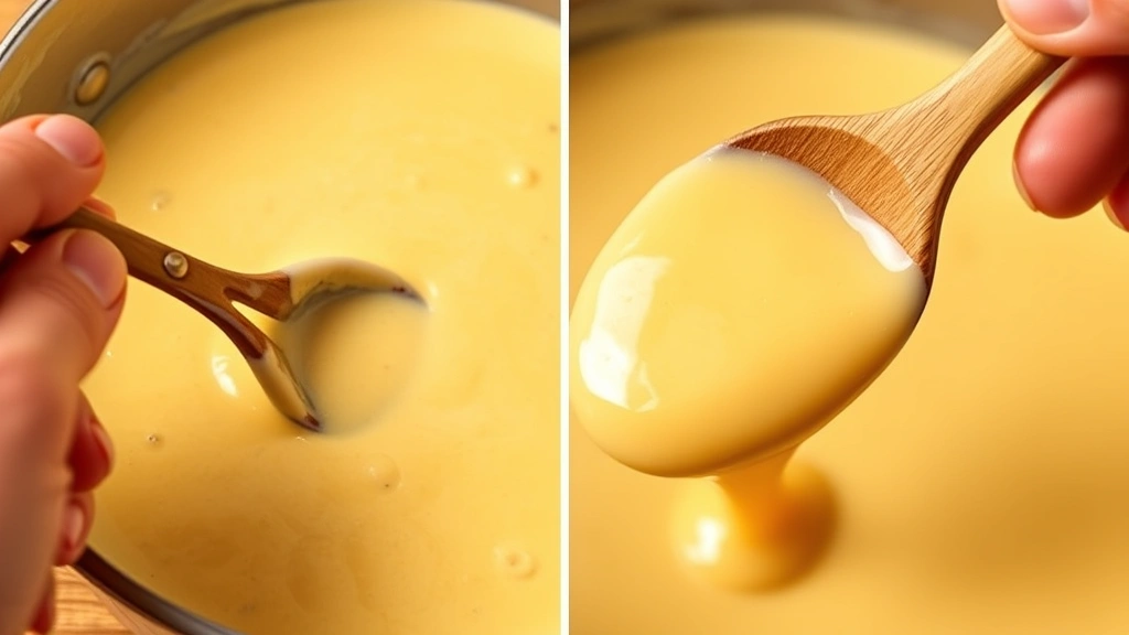 process: hand stirring melted velveeta cheese into cream sauce with wooden spoon, close-up of glossy smooth cheese coating the spoon, warm kitchen lighting, no text