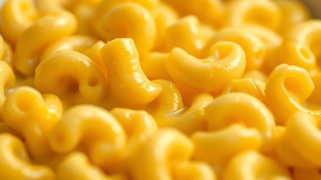 detail: extreme close-up of creamy mac and cheese showing individual elbow noodles coated in silky cheese sauce, shallow depth of field, warm natural lighting, no text