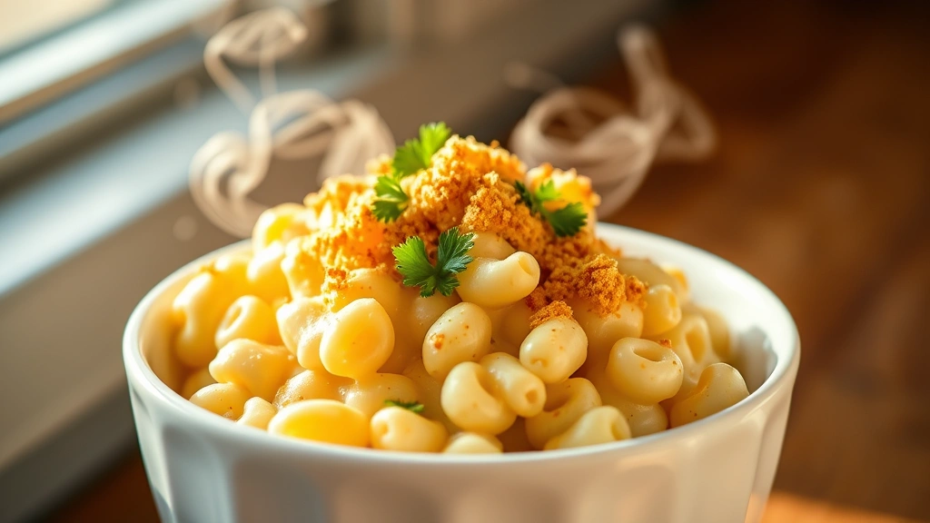 hero: creamy velveeta mac and cheese in white ceramic bowl, steam rising, golden breadcrumb topping, garnished with fresh parsley, warm natural lighting from window, shallow depth of field, professional food photography style