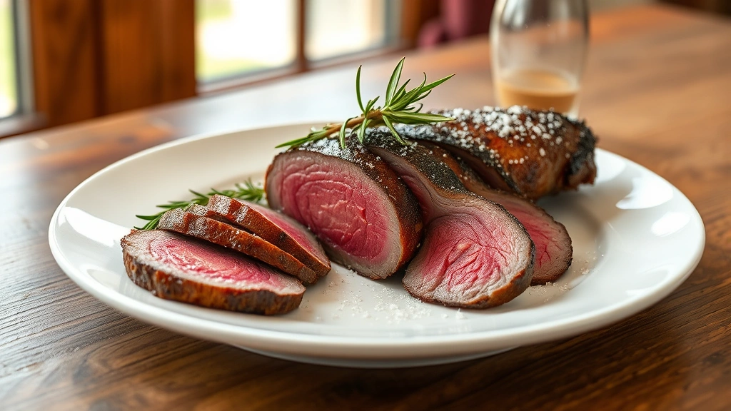 hero: perfectly cooked venison backstrap sliced on white plate, medium-rare center, garnished with fresh rosemary and fleur de sel, wooden table background, natural window light, steam rising slightly, photorealistic, no text
