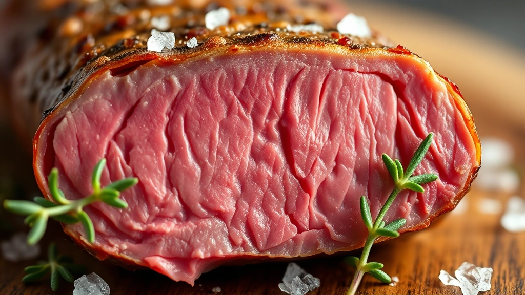 detail: close-up cross-section of sliced venison backstrap showing perfect medium-rare pink center with golden crust edge, garnished with sea salt crystals and fresh thyme leaves, photorealistic macro, natural light, no text
