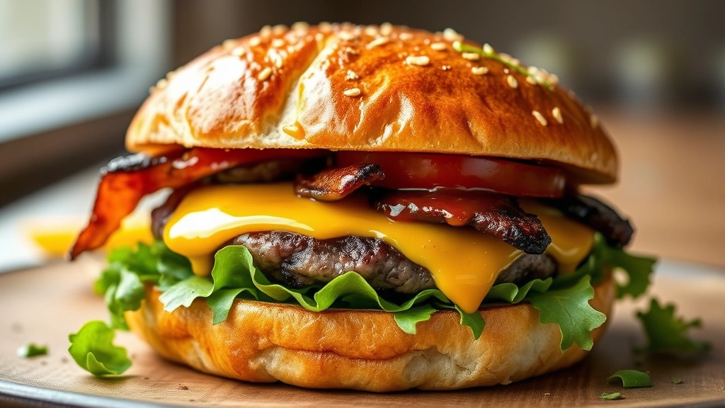 hero: perfectly cooked venison burger on toasted brioche bun with melted cheese and fresh toppings, glistening with moisture, photorealistic, natural daylight, no text, appetizing presentation