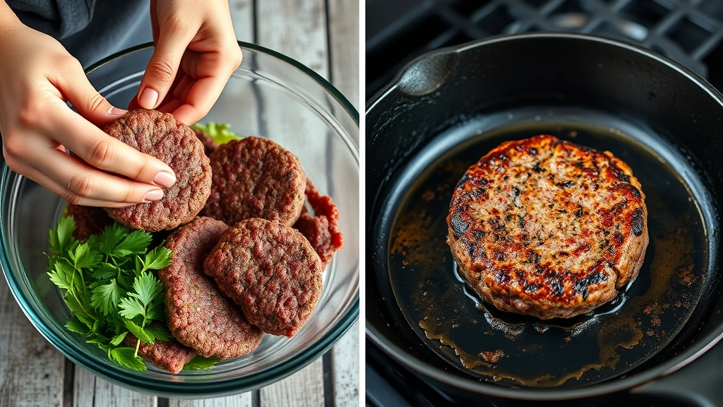 process: hands forming venison burger patties in mixing bowl with fresh herbs and aromatics visible, cooking action shot showing burger sizzling in cast iron skillet with beautiful crust forming, photorealistic, natural light, no text