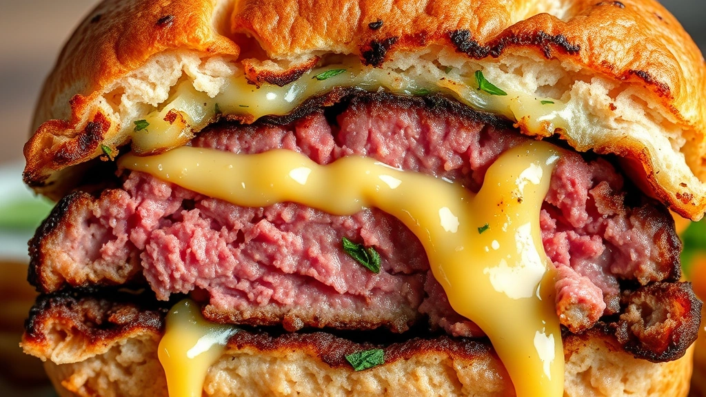 detail: close-up cross-section of venison burger showing juicy pink interior and caramelized crust, melted cheese oozing down sides, fresh herbs and seasonings visible, photorealistic, natural light, no text
