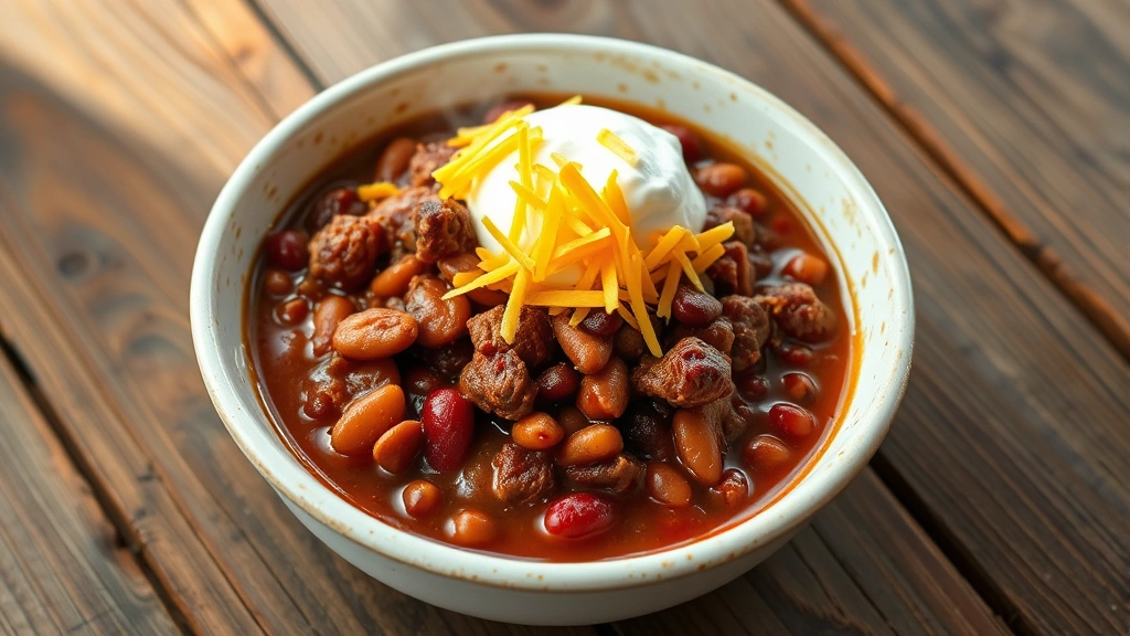 hero: steaming bowl of venison chili with kidney beans, topped with sour cream and shredded cheese, rustic wooden table, natural daylight, no text