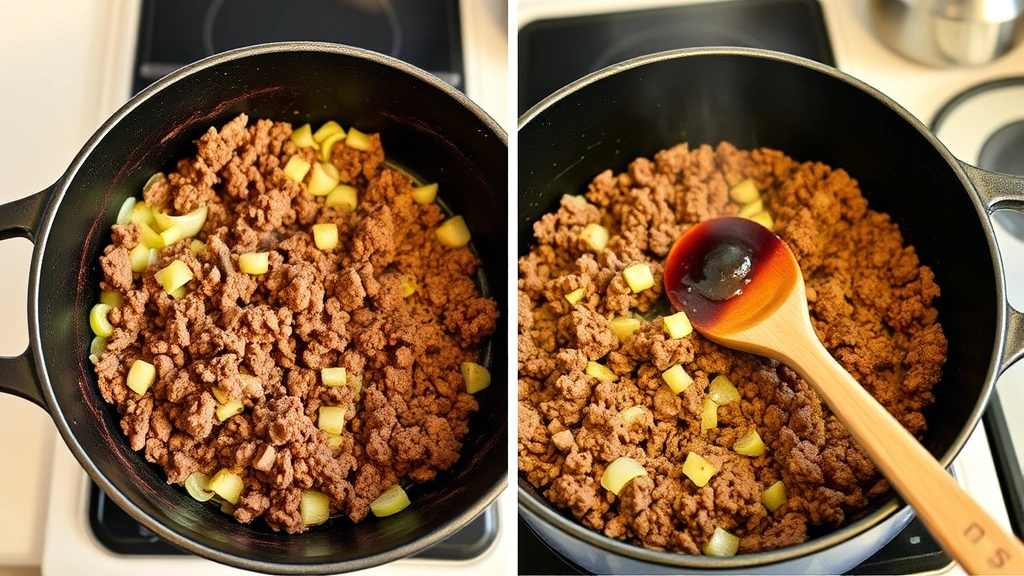 process: browning ground venison in cast iron Dutch oven with onions and garlic, wooden spoon stirring, warm kitchen lighting, no text