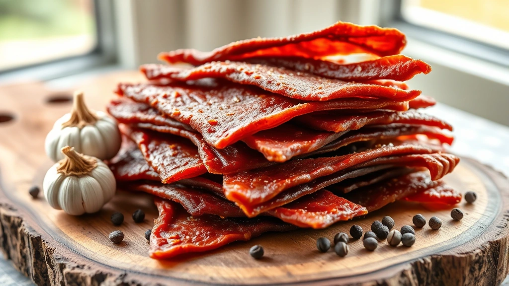 hero: finished venison jerky strips stacked on rustic wooden board with garlic cloves and peppercorns, photorealistic, golden-brown jerky with slight smoke coating, natural window light, no text