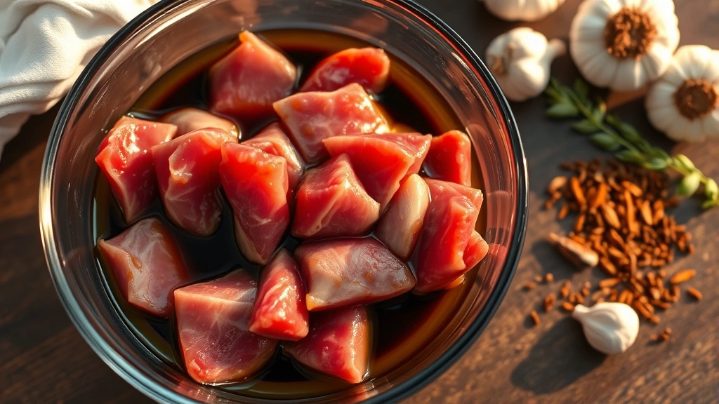 process: strips of venison marinating in glass bowl with soy sauce marinade, fresh garlic and spices scattered nearby, photorealistic, golden hour lighting, overhead angle, no text