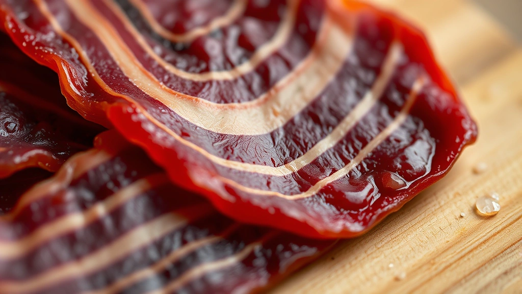 detail: close-up macro shot of single jerky strip showing texture and marbling, photorealistic, shallow depth of field, warm natural light highlighting surface, no text