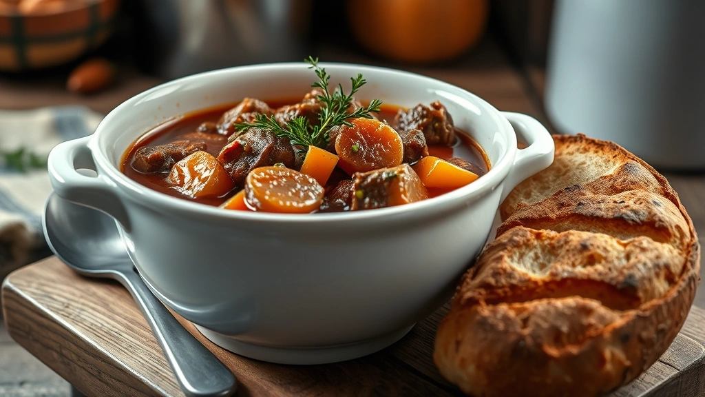 hero: rustic venison stew in white ceramic bowl with fresh thyme garnish, crusty bread beside it, warm kitchen lighting, cozy autumn setting, photorealistic, natural light, no text
