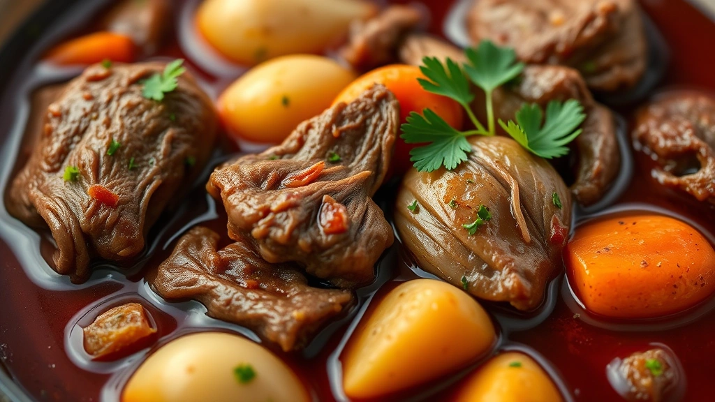 detail: close-up of venison stew with tender meat and vegetables, rich burgundy broth, pearl onions and carrots visible, fresh parsley garnish, shallow depth of field, photorealistic, natural light, no text