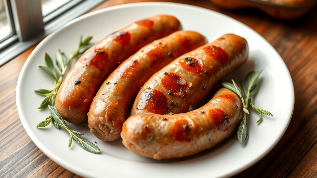 hero: beautiful cooked venison sausage links arranged on a white ceramic plate with fresh sage garnish and black pepper, photorealistic, warm natural window light, no text